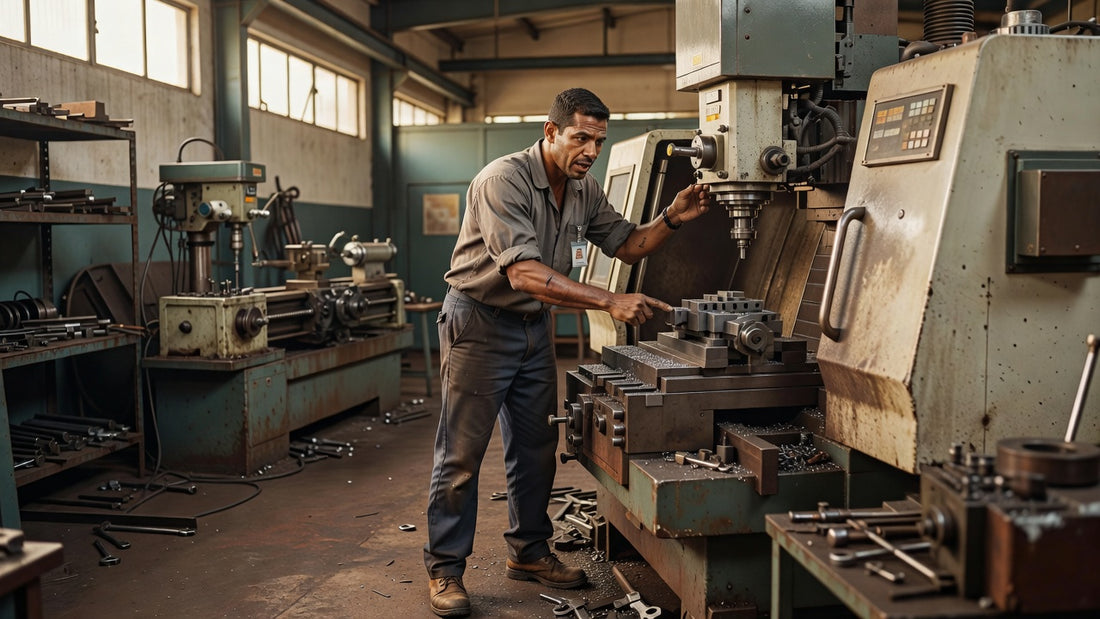 Instrutor técnico CNC em ambiente industrial metalúrgico