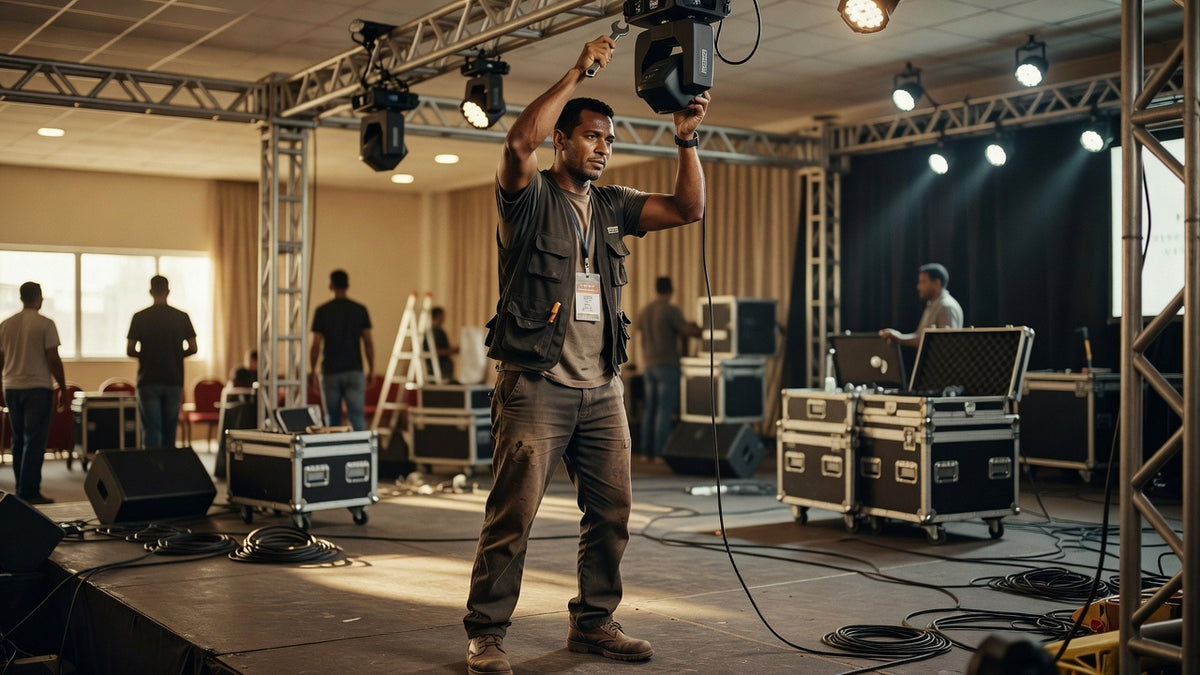 Técnico em eventos organizando estrutura de palco