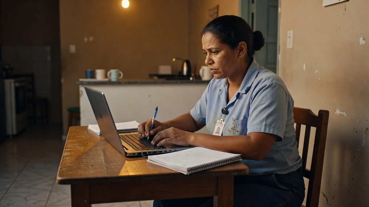Adulto estudando supletivo EAD em casa após o trabalho