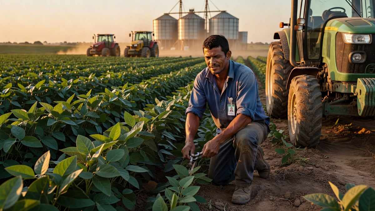 Campos de soja em Rondonópolis com equipamentos agrícolas modernos