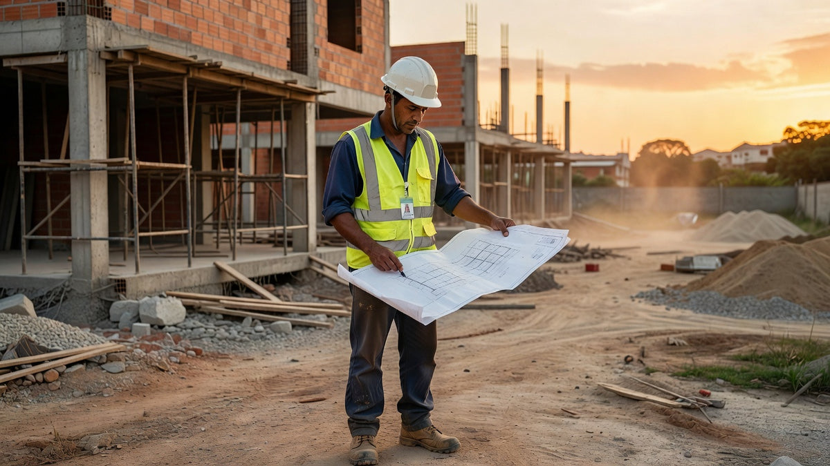 Técnico em edificações analisando projeto em obra